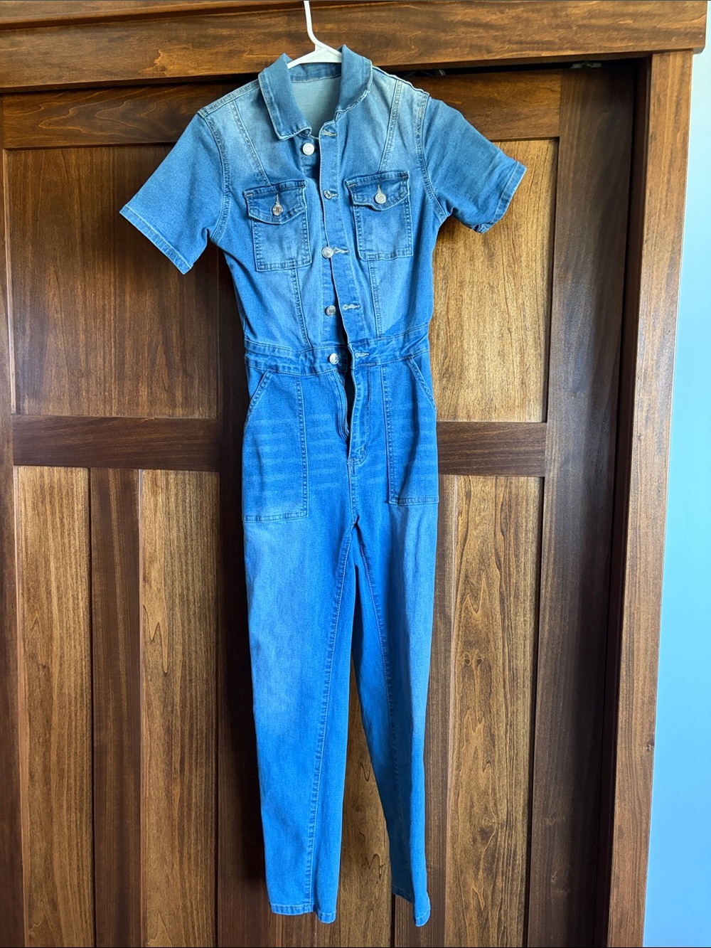 SHEIN Blue Denim Short-Sleeve One-Piece Jumpsuit